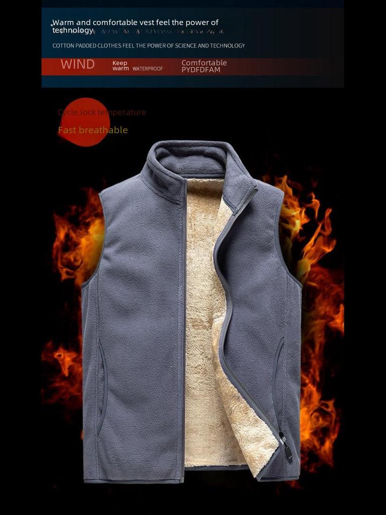 Men's Large-Size Polar Fleece Vest - Thick, Warm, Stand Collar for Spring & Autumn.