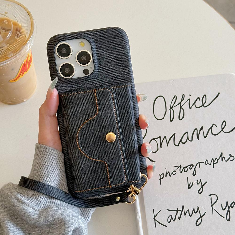 Für iPhone 16 Pro Hülle Kartenfächer Spiegeldesign Jeansstoff Textur PU Leder Rückseite mit Trageband