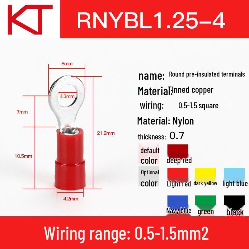 Kaisheng ROHS Copper Nylon Round OT Terminal Wire Lug RNYB1.25-3-3.5-4-5-6-8-10