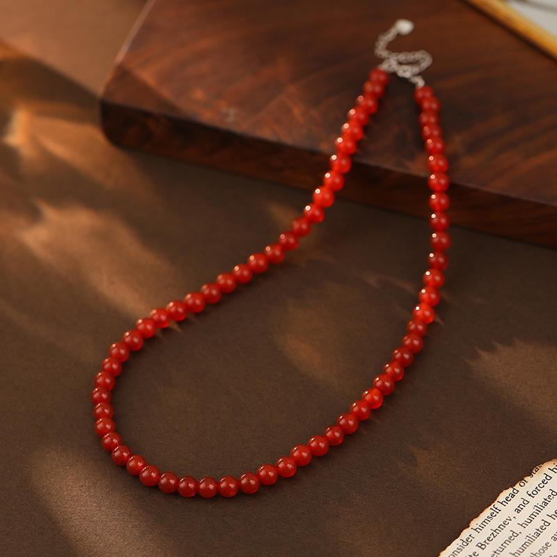 Banyan Tree S925 Silver Red Agate Beaded Necklace - Handmade Chinese Retro Clavicle Chain for Women