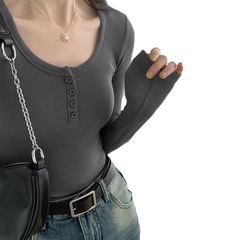 Threaded Button Bottoming Shirt Autumn New Front Shoulder Long Sleeve T-shirt Women's Slim Slim Top