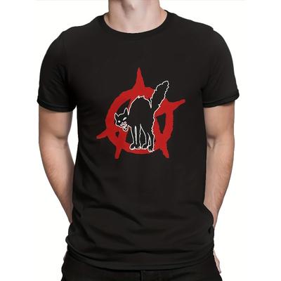 T-shirt Nera da Uomo con Gatto e Simbolo Anarchico, Adatta per Fitness, Sport e Abbigliamento Casual, Comoda e Versatile