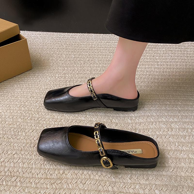 CRLAYDK Mules for Women Square Toe Buckle Flats Comfortable Slip On Shoes Leather Backless Loafers Lady Work Dress Slides