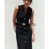 Summer New Product Women's Clothes round Neck Sleeveless Fake Button Decoration with Belt Crepe Midi Skirt Dress 3897166