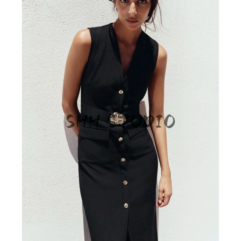Summer New Product Women's Clothes Round Neck Sleeveless Fake Button Decoration with Belt Crepe Midi Skirt Dress 3897166