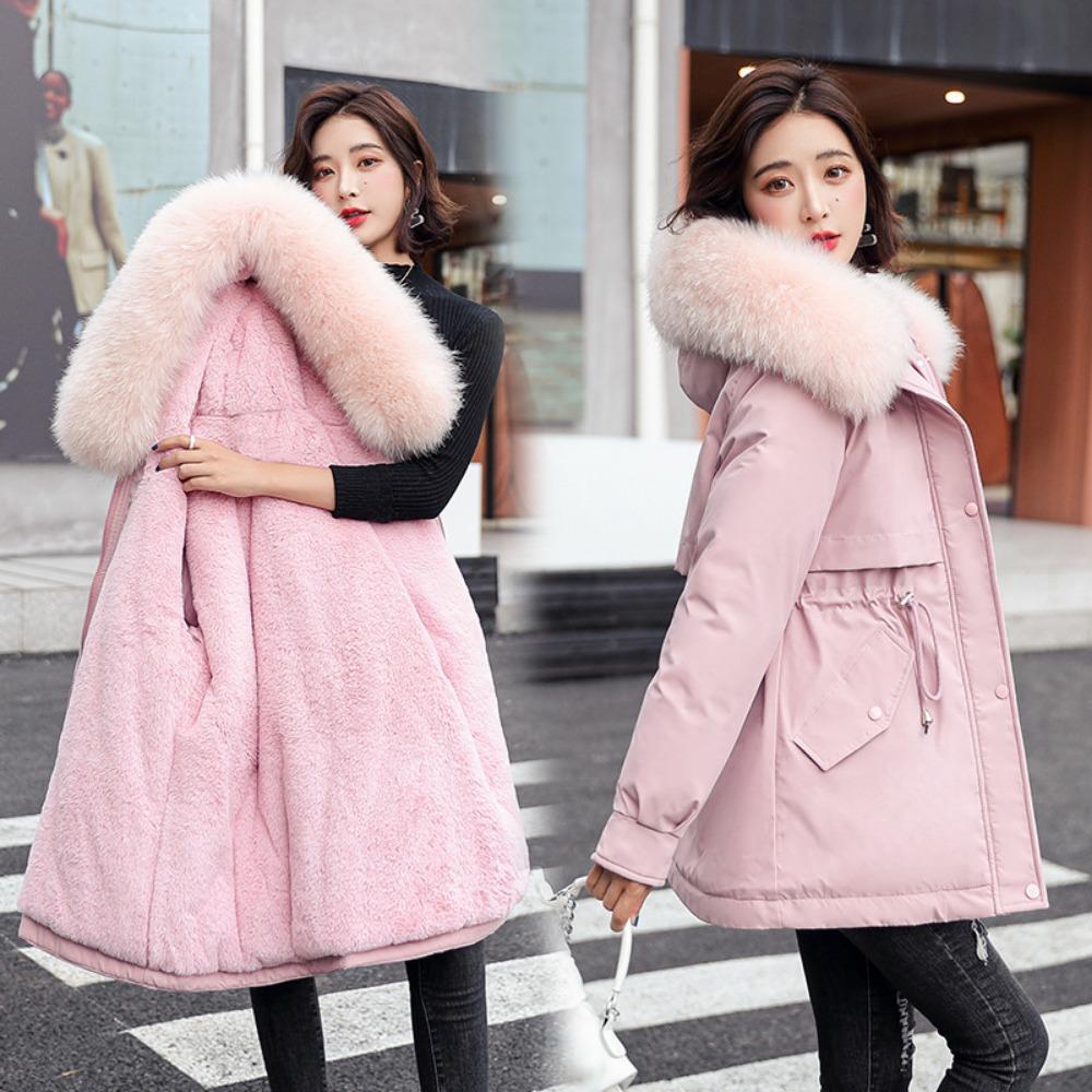 New Korean version women's winter A version medium and long cotton clothes, pie overcome velvet liner large fur collar large size