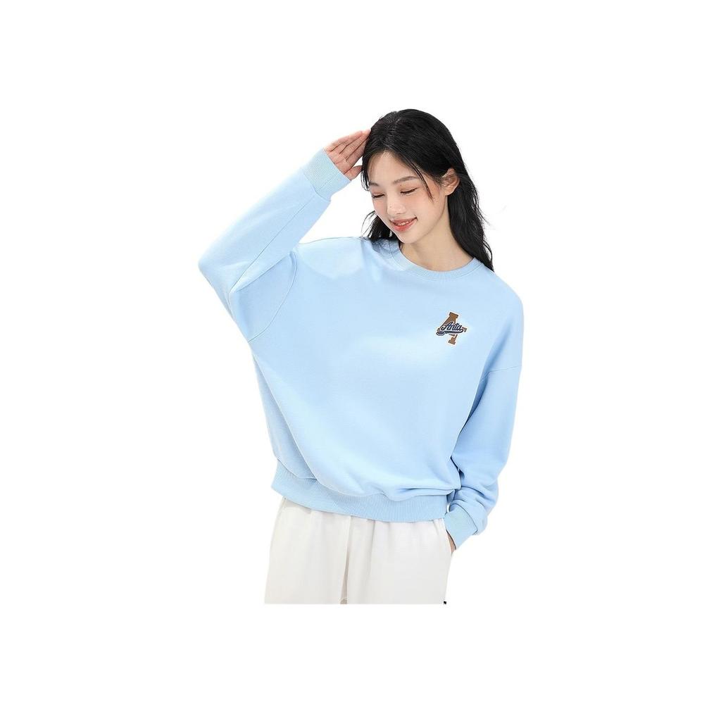 Anta Life Series Letter Logo Print Round Neck Pullover Sweatshirt Women sweatshirt Morning-Blue 162338724-4
