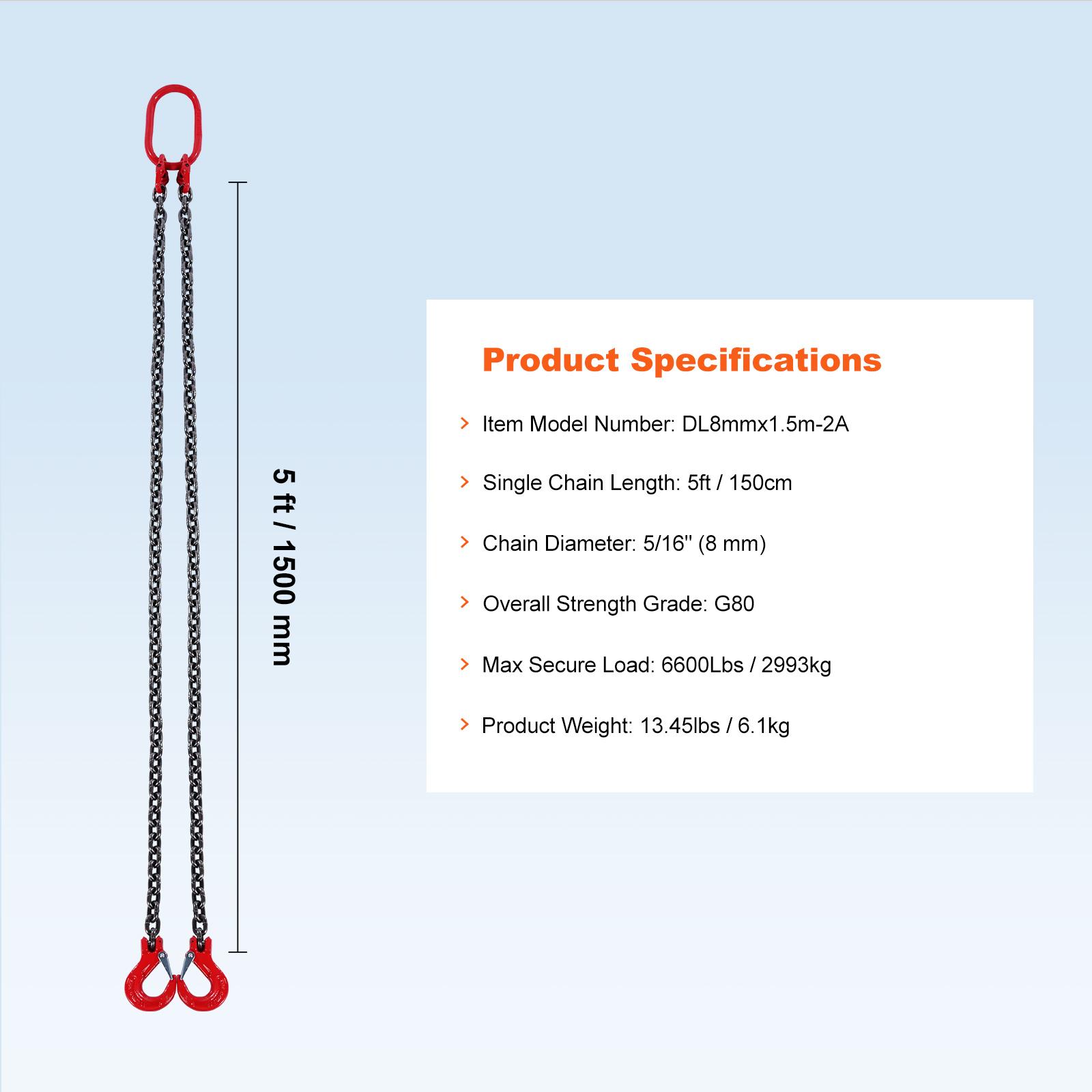 

SucceBuy 3T 5 футов Подъемная цепная стропа 5/16 дюйма G80 Подъемные цепи с 2 крюками-захватами для моторной тали, цепь для подъема двигателя