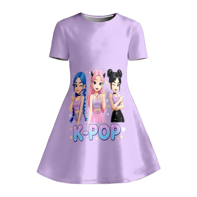 Cute K-Pop Idol Anime Printed Short Sleeved Dress Children's Purple Casual Summer Outfit Suitable for Birthday Gifts and Parties