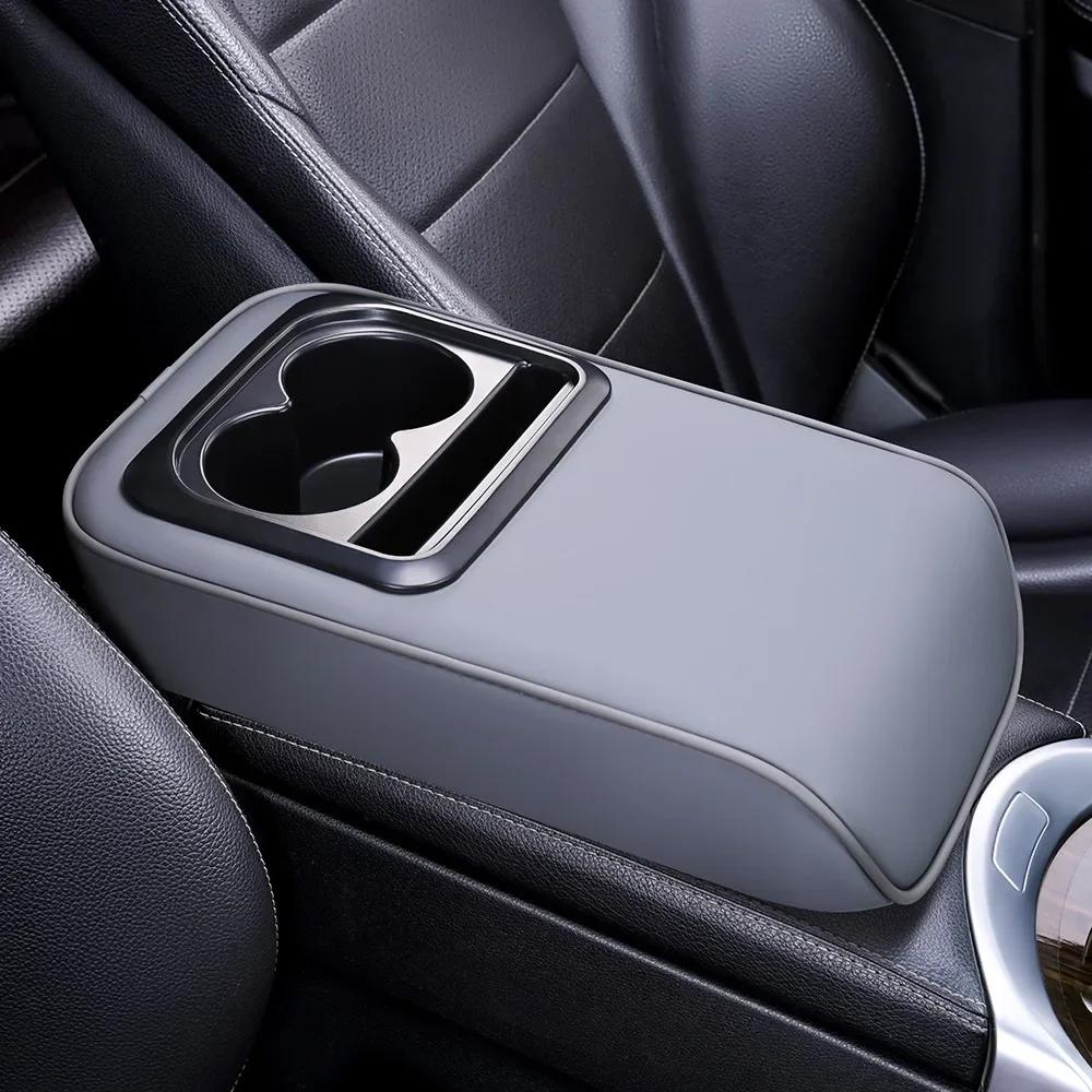 2 in 1 Car Armrest Cushion with Cup Holders, PU Leather Center Console Pad, Portable Height Adjustable Pillow for Comfort Suppor