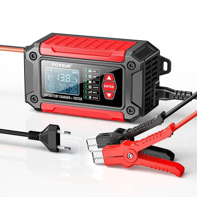 FOXSUR Car Battery Charger 12V 6A FTC-1206 Motorcycle Truck AGM LiFePO4 Lead Acid Batteries Maintainer Digital LCD Display