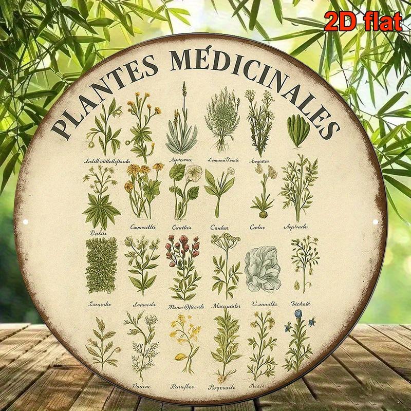 A Vintage Decorative Plaque Featuring Medicinal Plants Made of an X cm Round Aluminum Sign in French Suitable for De