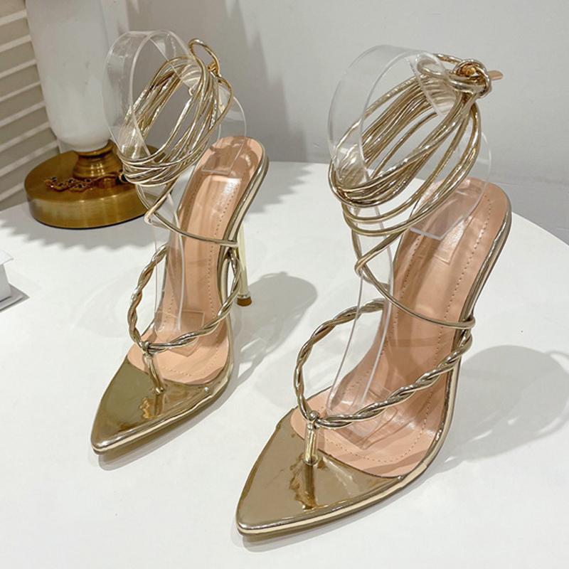 Womens Fashion Strappy Heels Gladiator Sandals Sexy Pointed Toe Narrow Band Stiletto Lace -Up Party Wedding Shoes Red