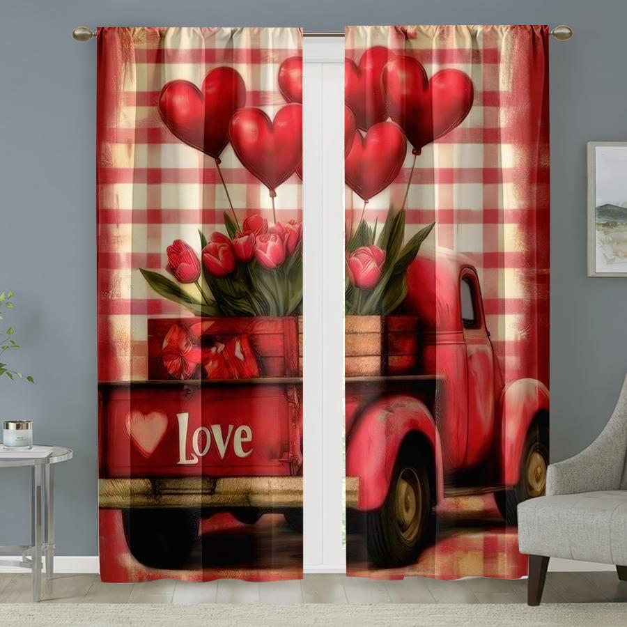 2pcs Rustic Red Truck & Love Heart Curtains   Perfect for Valentine's Day Window Decor  Rod Pocket Curtains