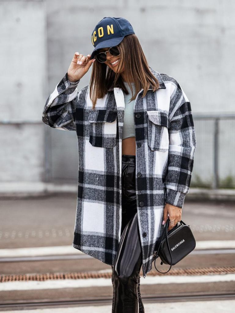 European and American Style Women's Mid-Length Plaid Woolen Coat