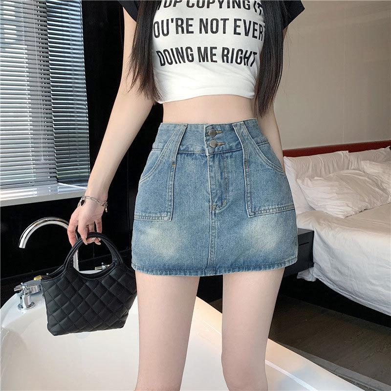 Saia Única com Design de Botão Duplo Cintura Alta Retrô Linha A Pacote Meio Corpo Quadril Saia Curta Calças Moda Feminina Verão Saia Curta Jeans