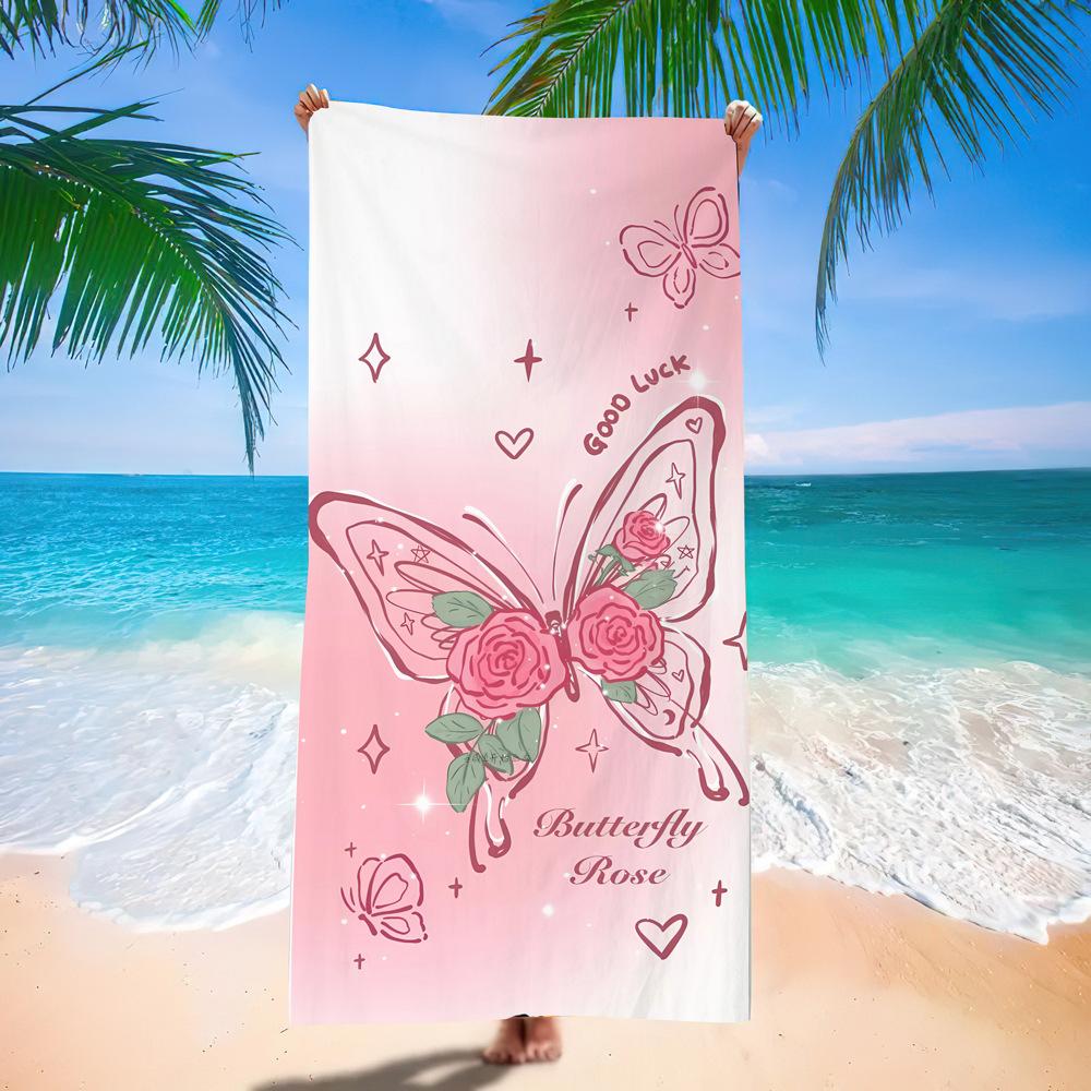 Rosa Rose Schmetterling Strandtuch "Viel Glück" Aufdruck Schnelltrocknendes Saugfähiges Handtuch für Mädchen