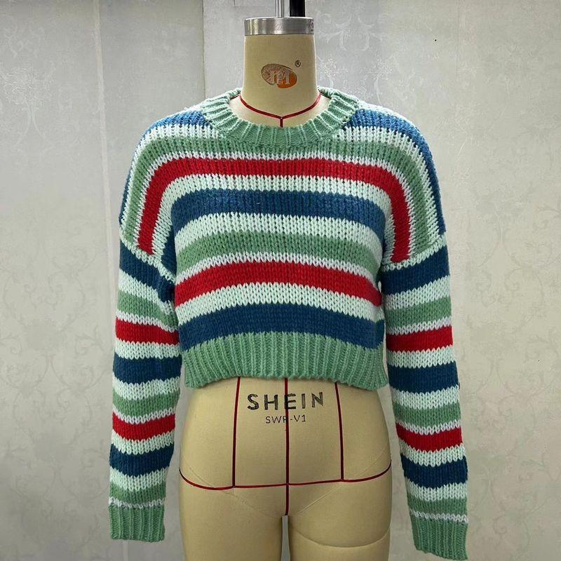 Summer and Autumn Stylish Fashion Autumn Colorized Sweater Export Loose Leisure Short Contrast Color Stripes Knitwear Tops