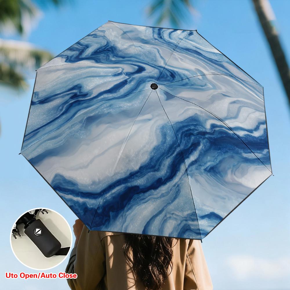 

1pc Automatic Folding Umbrella with Blue Marble Waves Graphics | Auto Open/Close, UV Protection, Compact Design with 8-Rib Sha Iron&8K