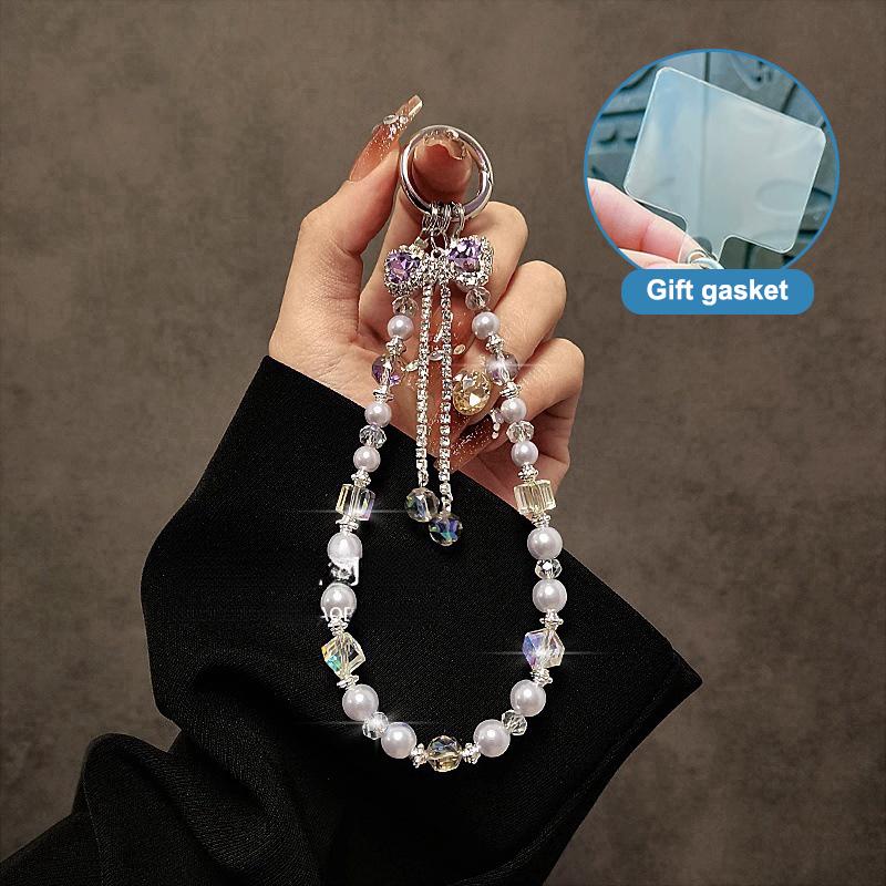 Y2K Trendy Sweet Beaded Phone Lanyard Ins Style Bow Beads Cellphone Charm Anti Lost Wristband Mobile Phone Chain Camera Pendant