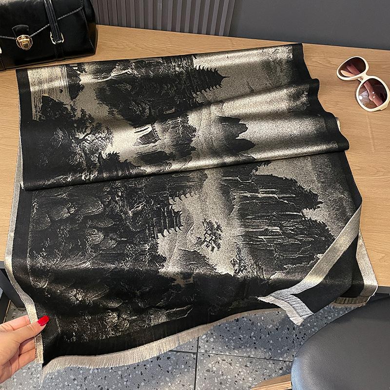 

Осенне-зимний двухсторонний хлопковый шарф Tencel, двухсторонний утолщенный теплый шарф для женщин, защитная шаль для шеи в помещении с кондиционером 180*65 чёрный