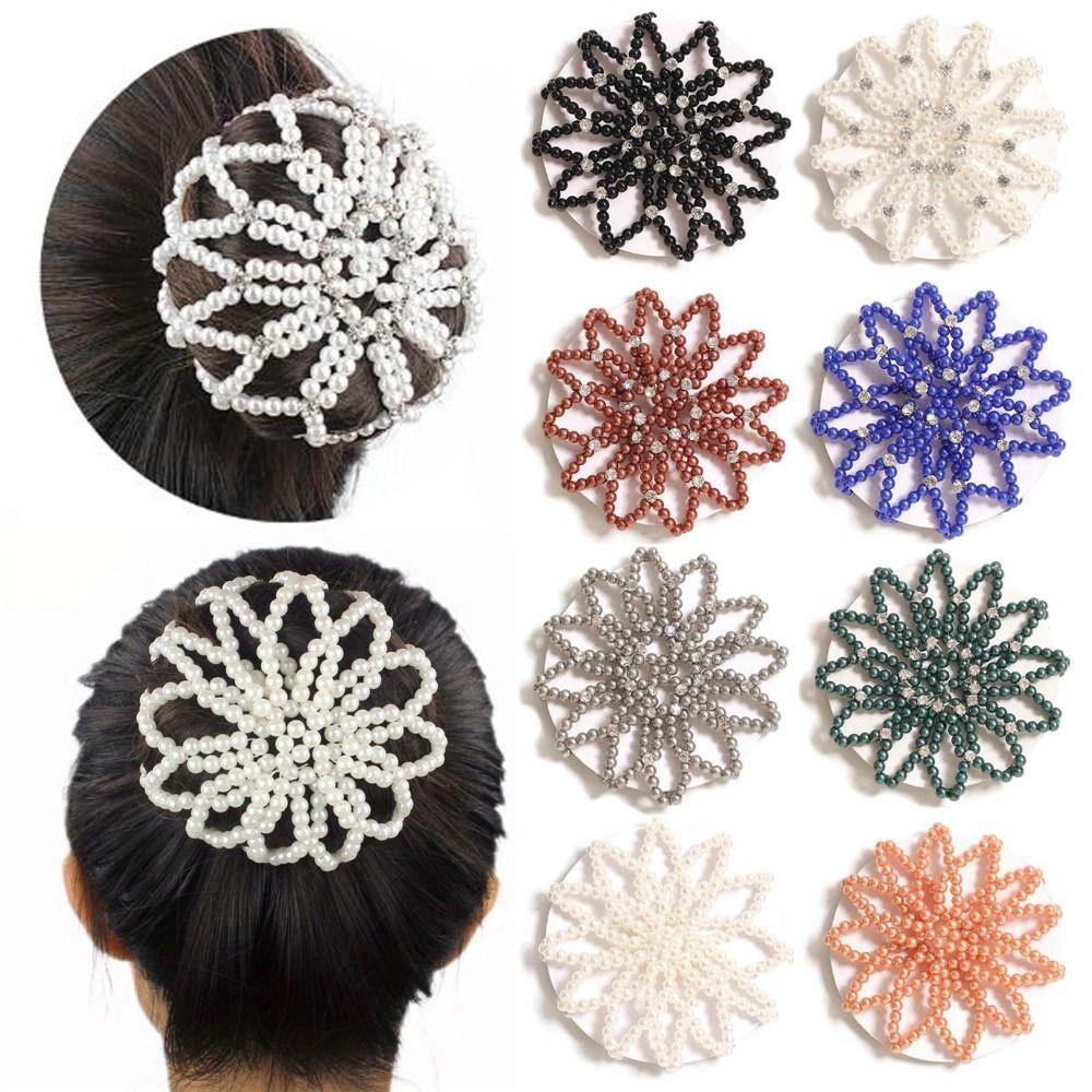 Elegant Pearl Crochet Bun Net Elastic Fake Pearl Hair Nets Hair Bun Covers  Hair Accessories