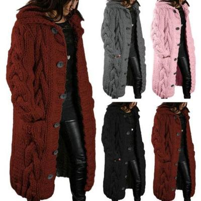 Fall Winter Women Sweater Coat Single-breasted Mid Length Knitted Thickened Solid Color Long Sleeve Turn-down Collar Casual Lady Cardigan Sweater