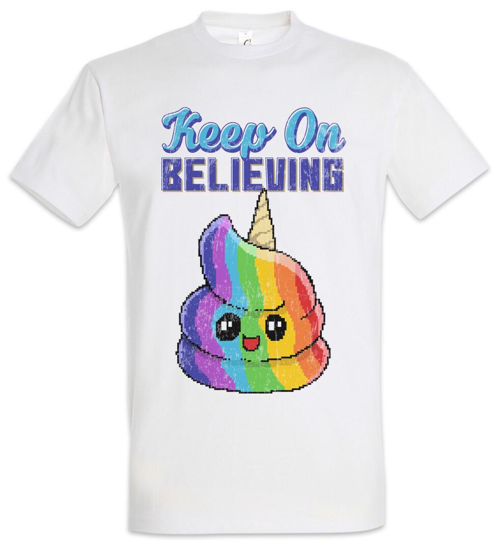 Keep On Believing T-Shirt Fun Geek Nerd Unicorn Poop Rainbow Pixel Retro- L