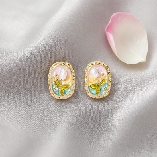 1 Par de Brincos de Tarraxa Flor Esmaltada para Mulheres, Brincos de Tarraxa Flor de Pérola Artificial Strass, Presente de Joia para Namorada Esposa Mãe Filha
