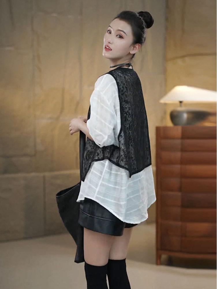 Korean Summer Lace Crochet Leaf Vest Spliced Women's Loose Pullover Top