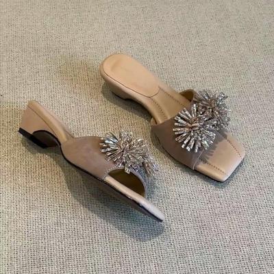 2026 Letnie Kwiaty z Dżetów Markowe Buty Damskie Sandały na Niskim Obcasie Eleganckie Damskie Buty na Imprezę Sandały Obcasy 3,5cm
