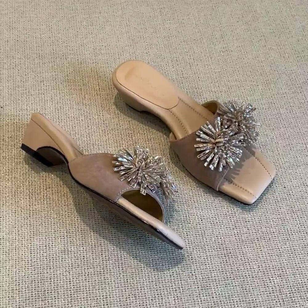 2026 Summer Rhinestone Flowers Brand Shoes Women Low Heel Sandals Elegant Ladies Party Shoes Sandals Heels 3.5cm