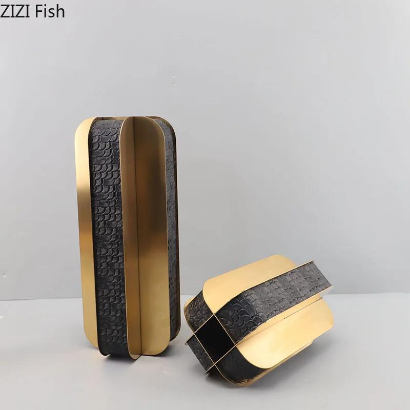 Golden Geometry Vase Artificial Flower Decorative Flowers Pots Desk Decoration Leather Floral Vases Room Aesthetic Decor