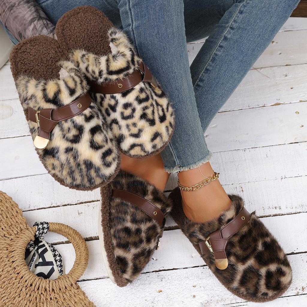 Women Thick Bottom Fur Slippers  Leopard Pattern Slides Women New Popular Head Cover Cotton Shoes Autumn Winter Outdoor Slippers