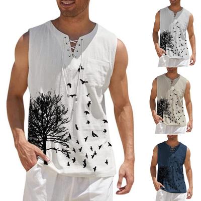 Camiseta sin mangas de verano para hombre, camiseta informal sin mangas con estampado de aves y árbol, chaleco holgado para correr, playa, gimnasio