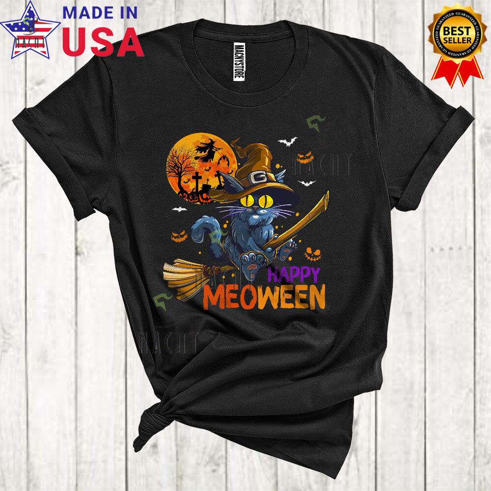 

Happy Meoween Funny Halloween Cat Witch Riding Broomstick Cat Owner T-Shirt L