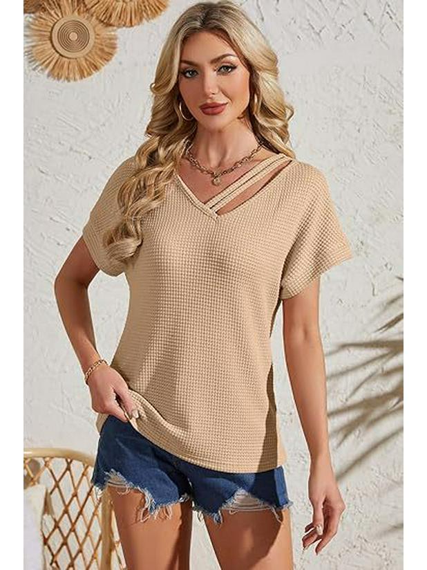 European & American Women's Waffle Knit V-Neck Short Sleeve Shirt