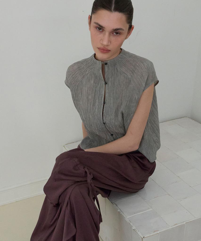 LMOOD WOMEN Pleated Open Blouse Vintage Gray