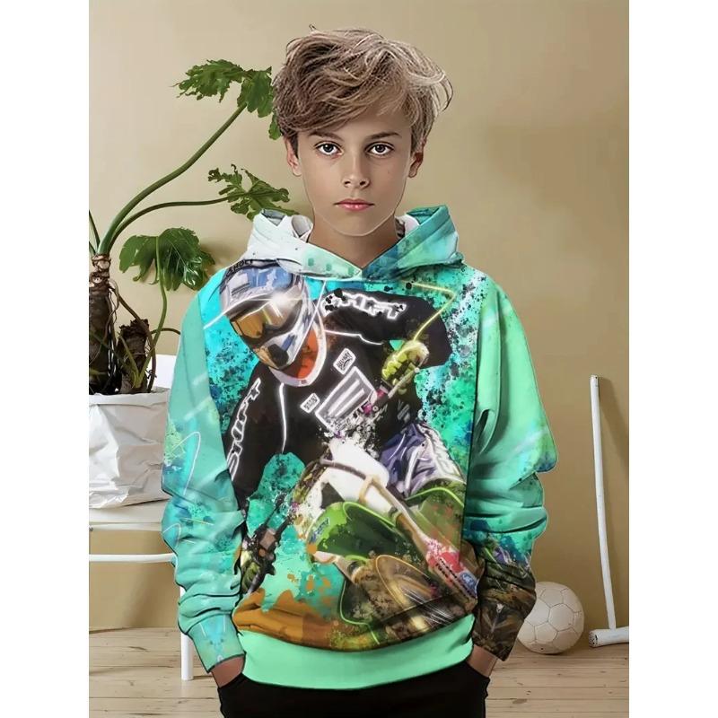 Autumn Winter 3D Motocross Graphic Printed Hoodies Fashionable Casual Warm Sports Long Sleeved Children's Boy Hooded Sweatshirts