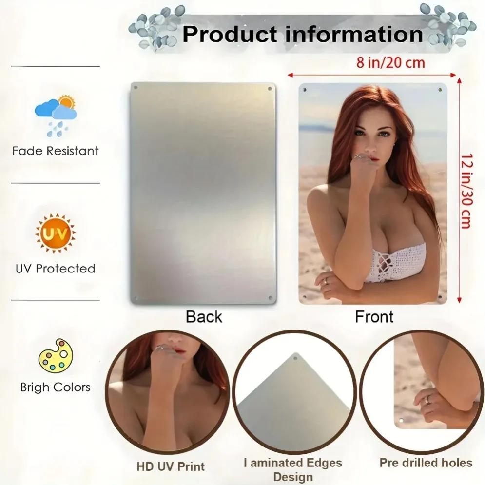 Vintage Metallwandkunst 2D Retro Strand Schild Rothaarige Dame Poster für Wohnzimmer Bar