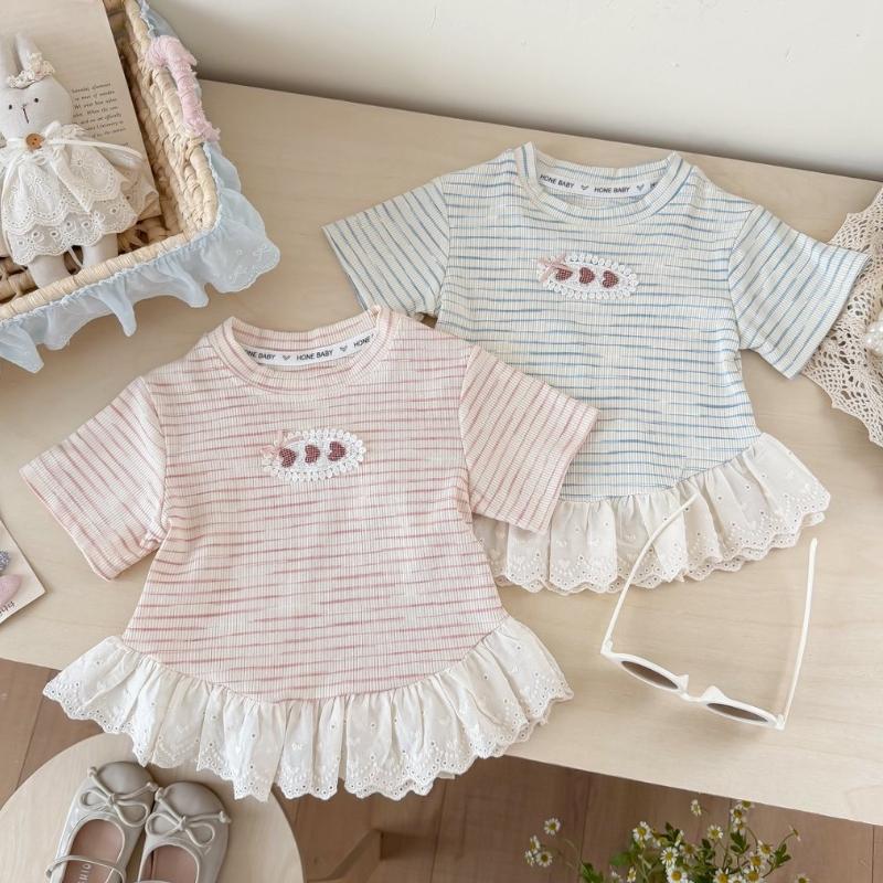 Summer Kids Girls Tees Cotton Lace T-shirt Loose Casual Sweet Short Sleeves Tops Infant Baby Girl Round Collar Tees Children Clothes