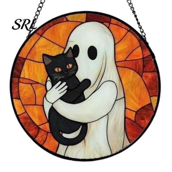Horror Party Atmosphere Supplies Retro Halloween Pendant, Ghost/Bat/Spider Web/Pumpkin Head Print, Acrylic Disc Wall Decor Vintage Hanging Ornament