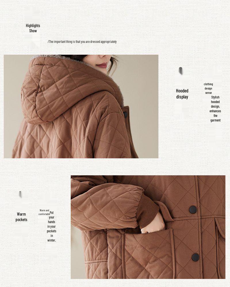 Women's Mid-Length Quilted Cotton Jacket with Hood – Warm Lambswool, Available in Orange-Red, Coffee-Green, Black