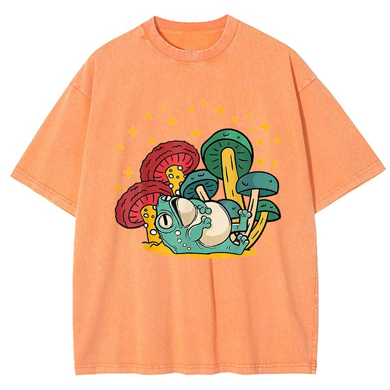 Pilz Cottagecore Ästhetik Frosch Aufdruck Gewaschenes T-Shirt Damen Sommer Locker T-Shirt Street Kurzarm Kleidung