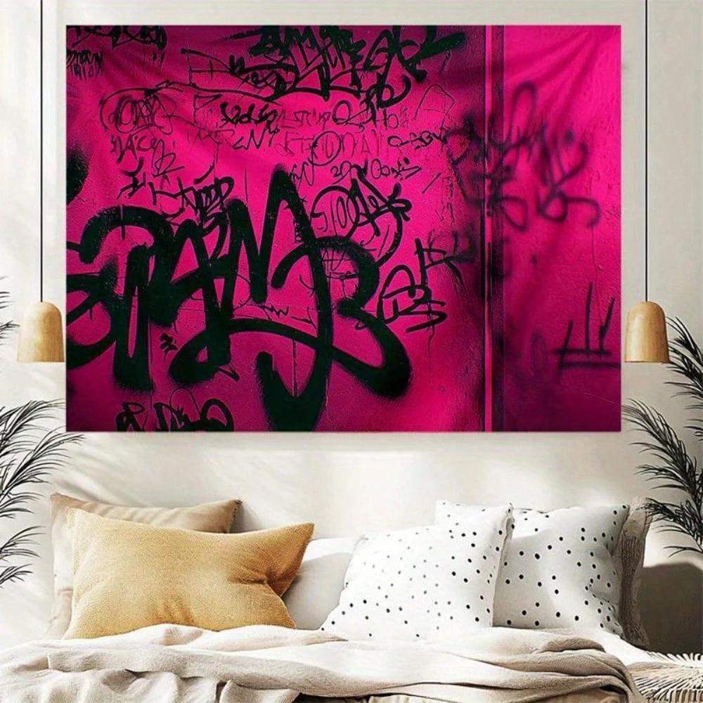 1pc Hot Pink Edgy Graffiti Polyester Tapestry 2D Print Bold Wall Decor for Bedroom Living Room Perfect Festival Birthday Gif