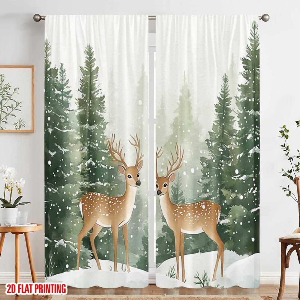 2pcs  2D plane printing Curtains&Window Treatment Deer Snow Pine Forest (2) Versatile Polyester (without rod) Home Decor for