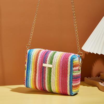 Bolso de mimbre tejido de paja para mujer, Bolso pequeño con cadena de playa y verano, bolsos de hombro tipo bandolera para mujer, bolso con solapa de diseño de viaje