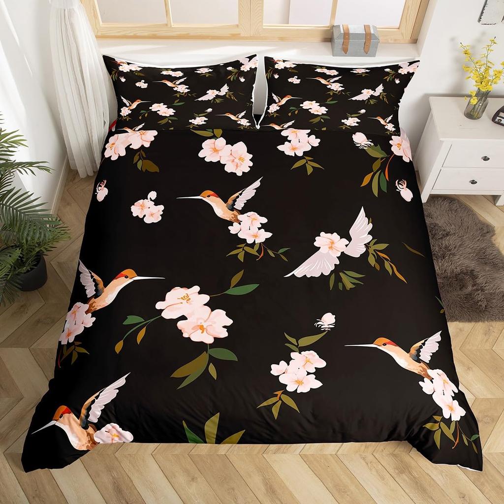 Hummingbird Floral Duvet Cover Birds Bedding Set Blue Green Spring Wild Animals Botanical Comforter Cover Polyester Quilt Cover