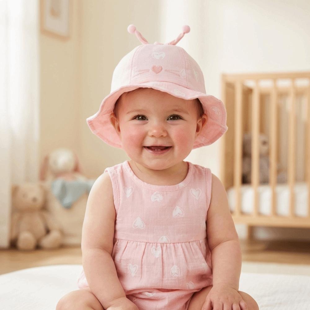 Heart Print Infant Bucket Hat Bow Toddle Fisherman Hat Sweet Baby Sun Hat  Girls