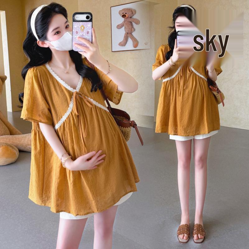 2026 Summer Korean V-Neck Lace Embroidered Top + Tummy Support Shorts XL